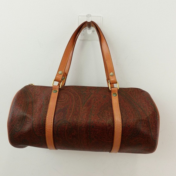 90s Vintage ETRO Milano Paisley Barrel Shoulder Bag Brown Leather